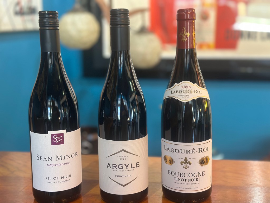 Wine tasting this Friday, September 12th from 5-7pm. Featuring these Pinot Noirs from California, Oregon and France. An interesting tasting flight!